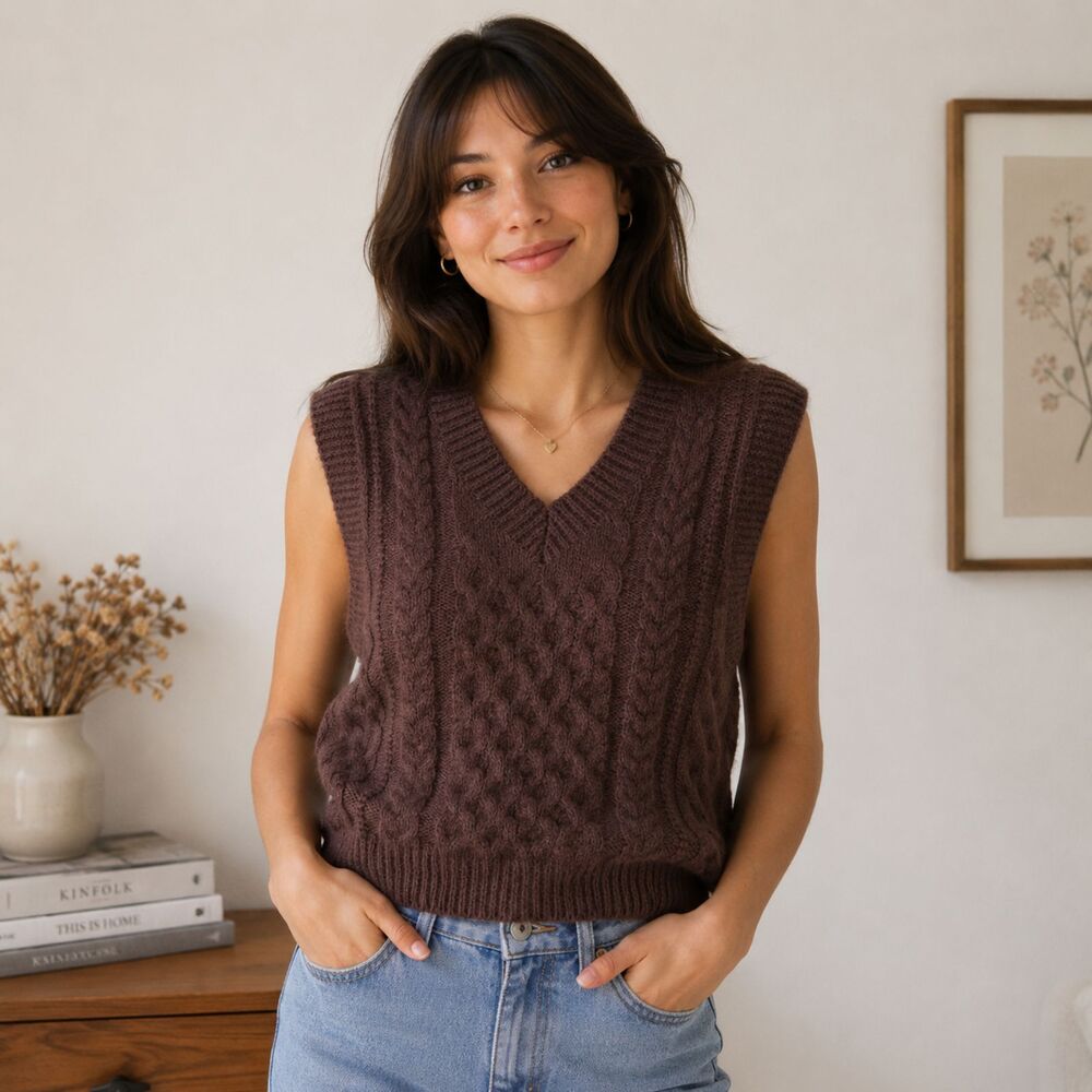 Chocolate Brown Cable Knit Sweater Vest Cozy Cottagecore Academia Layered Top
